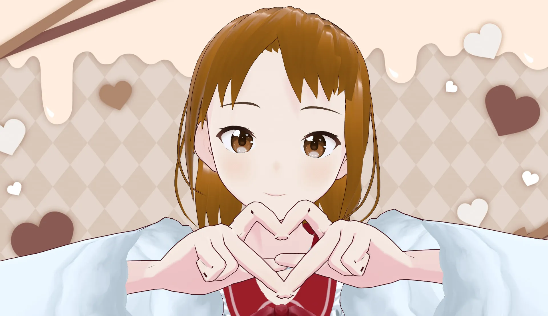 両手でハートマークを作ってほほえむ、ながたかなのイラスト